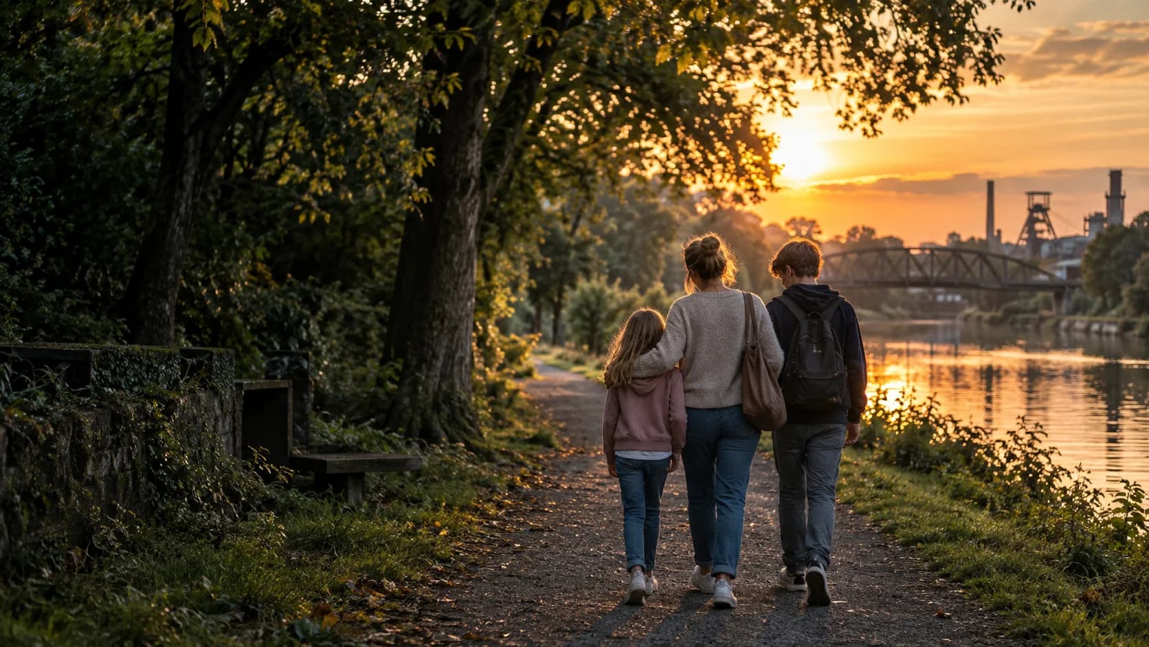 Familie auf einem gemeinsamen Weg am Wasser (KI-generiertes Bild)