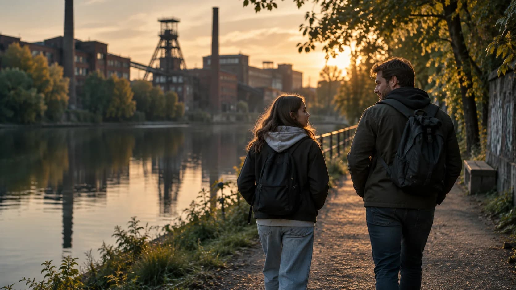 Eine Jugendliche und ein Begleiter auf einem Weg am Kanal (KI-generiertes Bild)