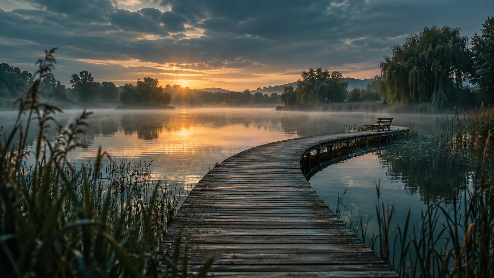 Ein Steg an einem ruhigen See im Morgenlicht (KI-generiertes Bild)